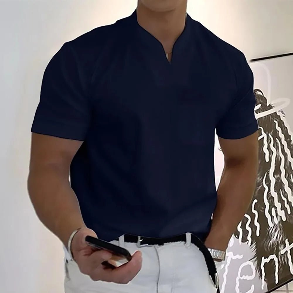Miles | Elegant V - Neck Casual Polo Shirt - Navy Blue - 2