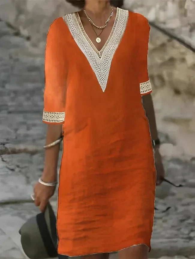 Orange Women's V-Neck Crochet Beach Dress with Lace Trim — Delaney Tunic Bohemian Lightweight - Front Pose