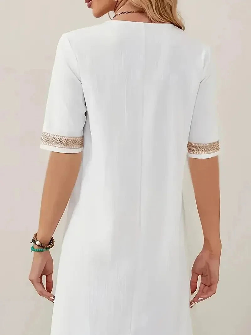 White Women's V-Neck Crochet Beach Dress with Lace Trim — Delaney Tunic Bohemian Lightweight - Back Detail