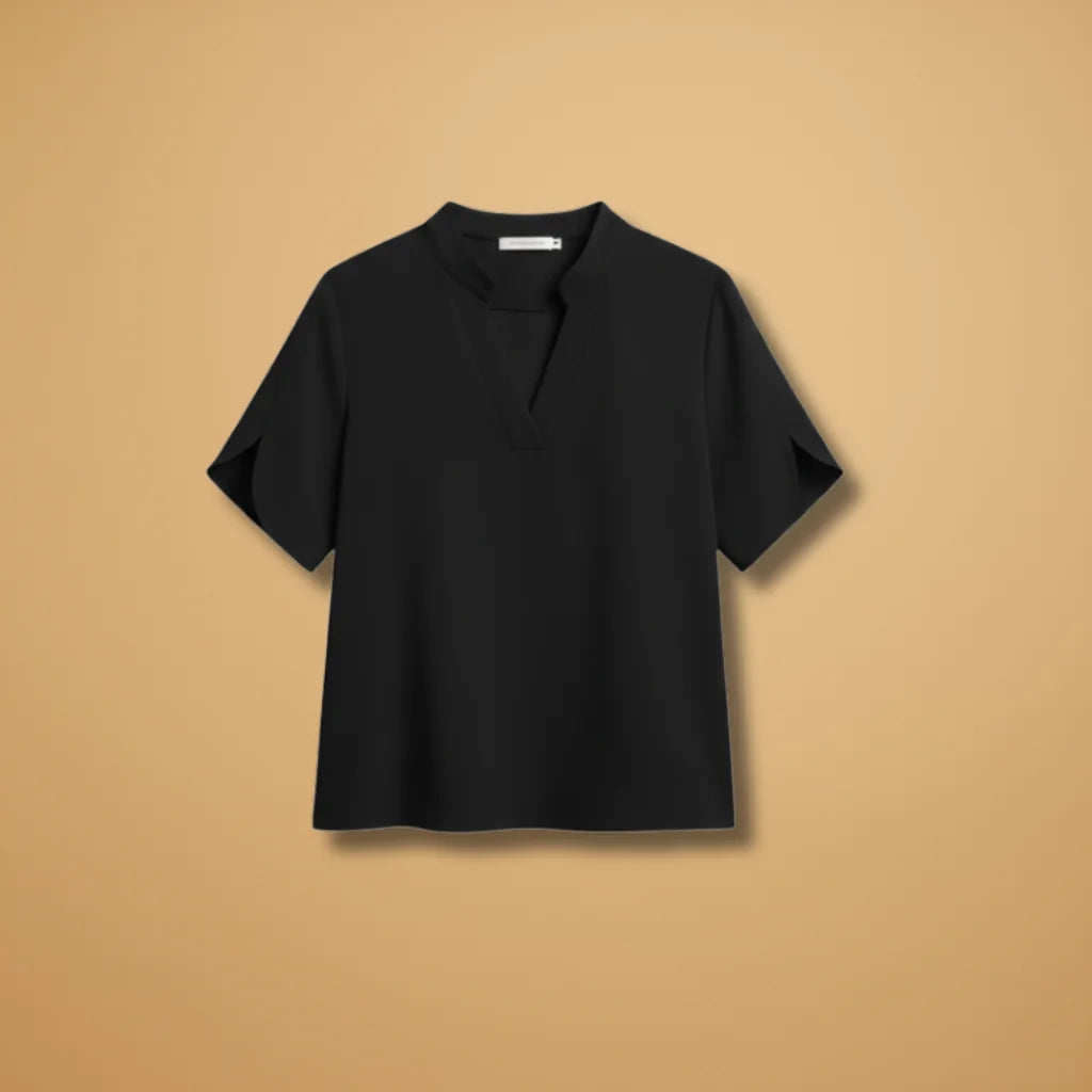 Black Women's Lightweight V-Neck Blouse with Short Sleeves - Flat Lay