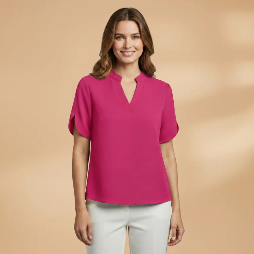 Hot Pink Women's Lightweight V-Neck Blouse with Short Sleeves - Front Center