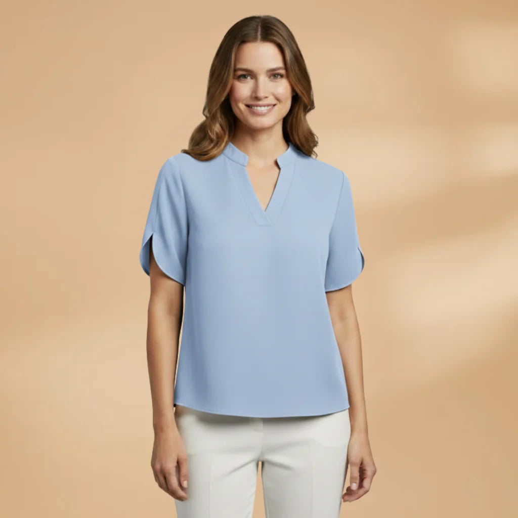 Light Blue Women's Lightweight V-Neck Blouse with Short Sleeves - Front Model