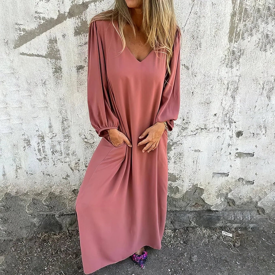 Anya | Elegant V - Neck Long Sleeve Boho Maxi Dress with Pockets - Pink - 2