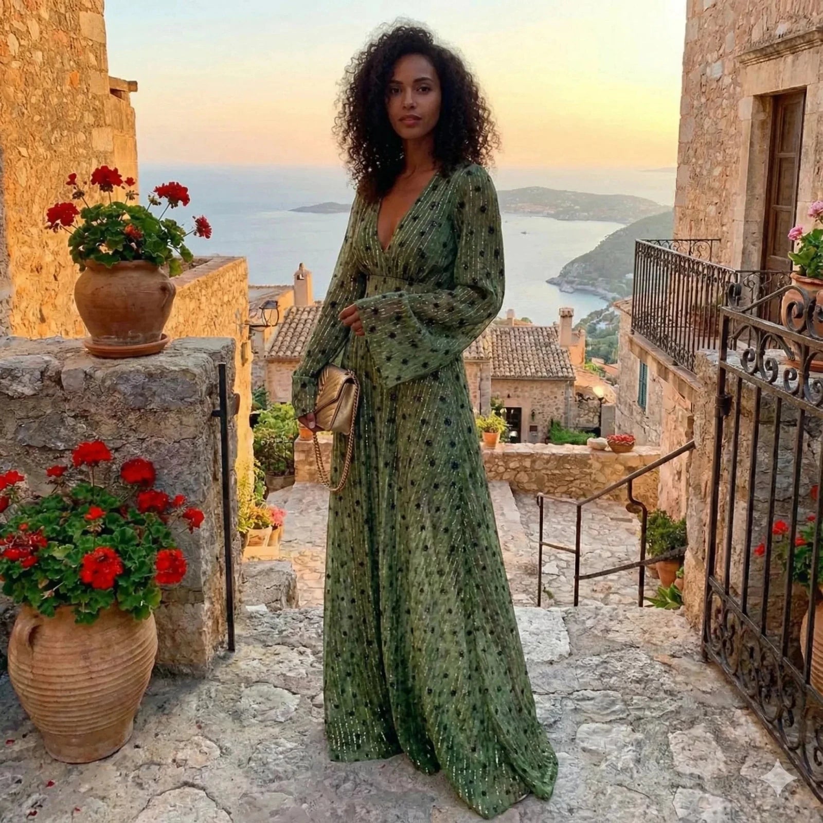 Isla | Elegant V - Neck Long Sleeve Dotted Maxi Beach Dress - Green - 3