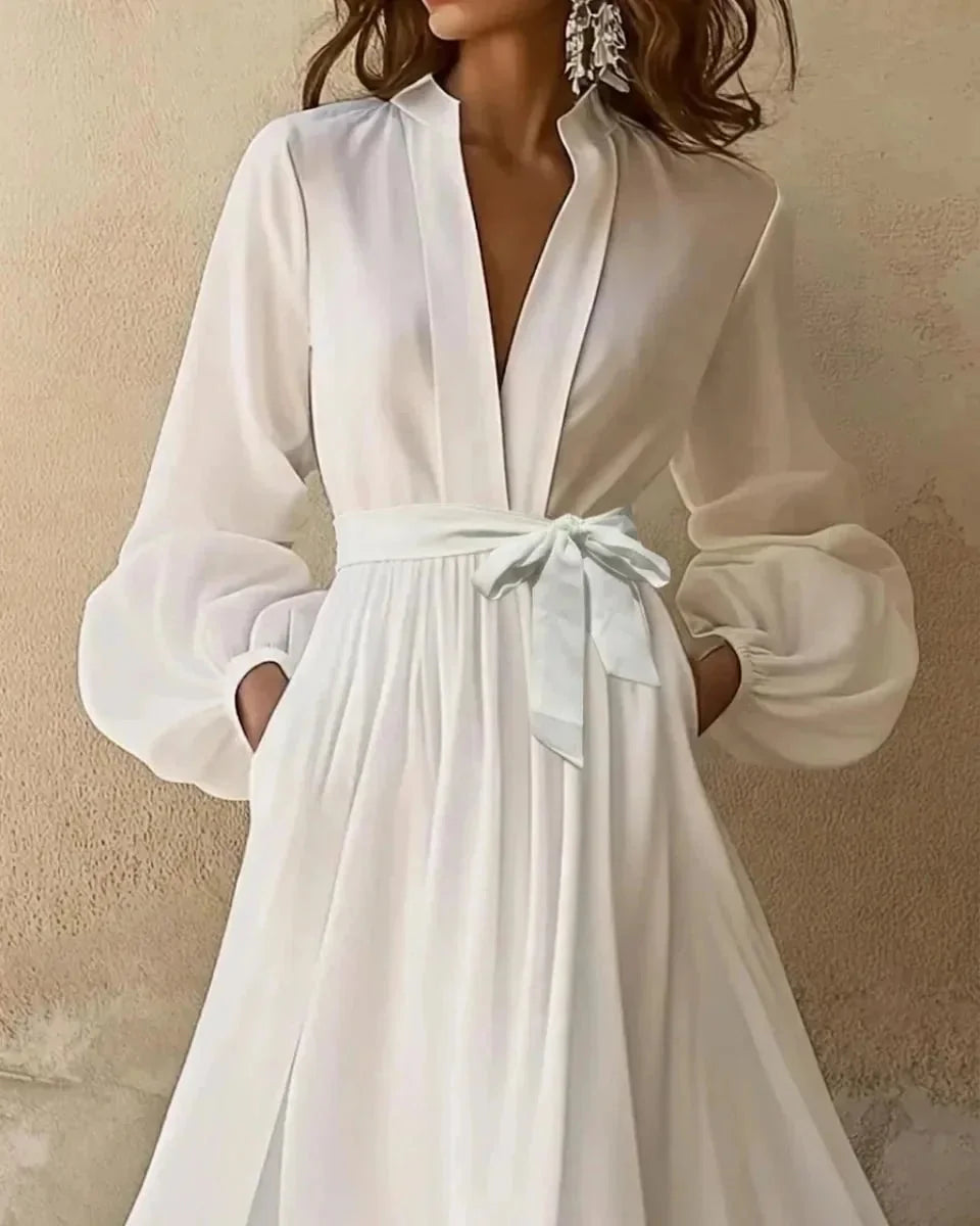 White Women's White V-Neck Long Sleeve Maxi Dress — Shea Flowing Tie Waist - Front Detail
