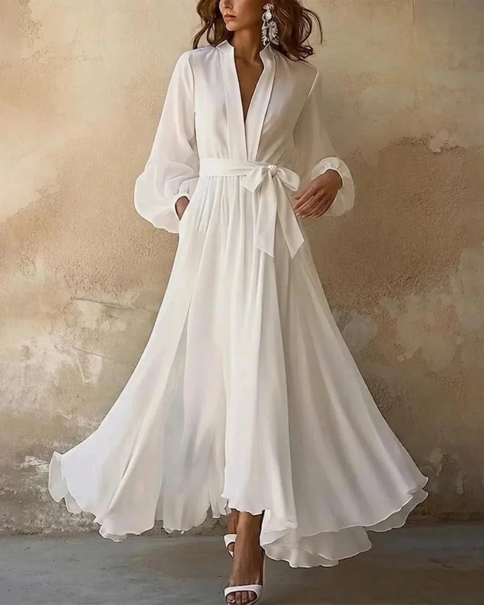 White Women's White V-Neck Long Sleeve Maxi Dress — Shea Flowing Tie Waist - Front Full