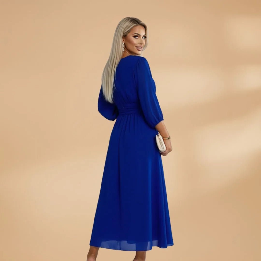 Stella | Elegant V - Neck Long Sleeve Midi Dress - Blue - 5