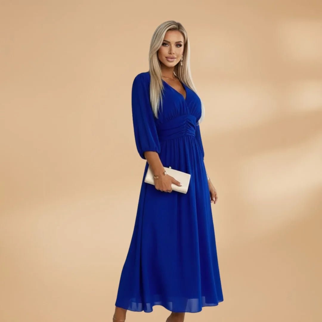 Stella | Elegant V - Neck Long Sleeve Midi Dress - Blue - 4