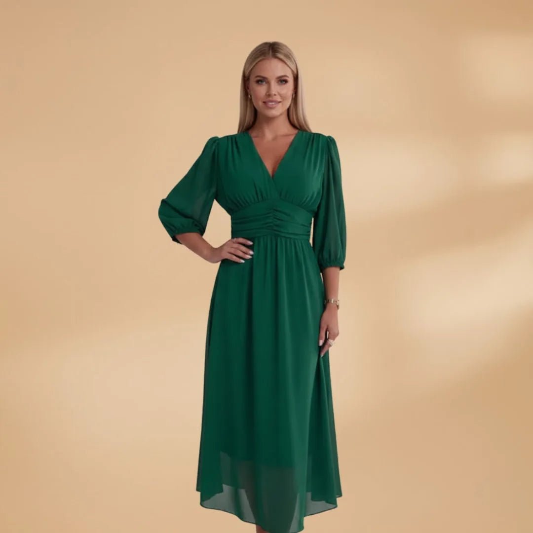 Stella | Elegant V - Neck Long Sleeve Midi Dress - Green - 6