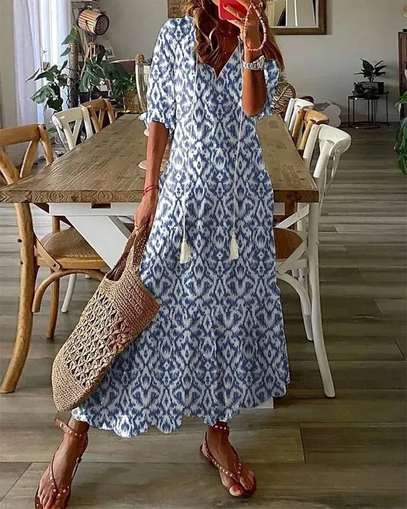 Blue Women's Summer Maxi Dress — Alexis V-Neck Diamond Print Bohemian - Front Full