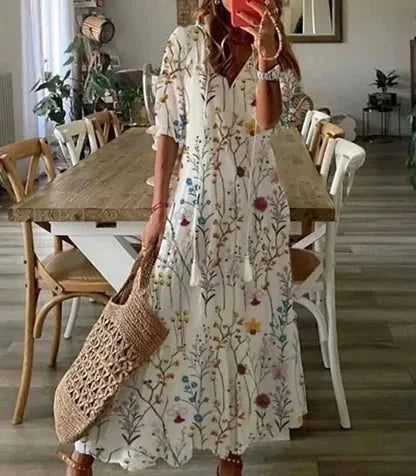 Cream Women's Summer Maxi Dress — Alexis V-Neck Diamond Print Bohemian - Lifestyle Pose