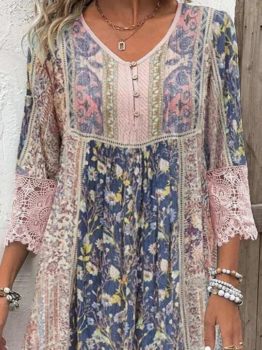 Multicolor Women's Floral V-Neck Maxi Dress — Francesca Lace Trim Bohemian - Close Up Neckline
