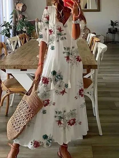 White Women's Summer Maxi Dress — Alexis V-Neck Diamond Print Bohemian - Model Walking