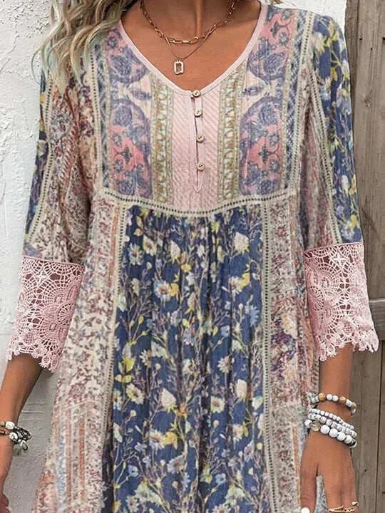 Blue Women's Floral V-Neck Maxi Dress — Reese Lace Detail Bohemian - Close Up Neckline