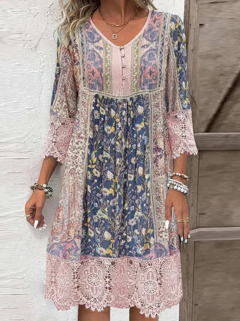 Blue Women's Floral V-Neck Maxi Dress — Reese Lace Detail Bohemian - Front Full