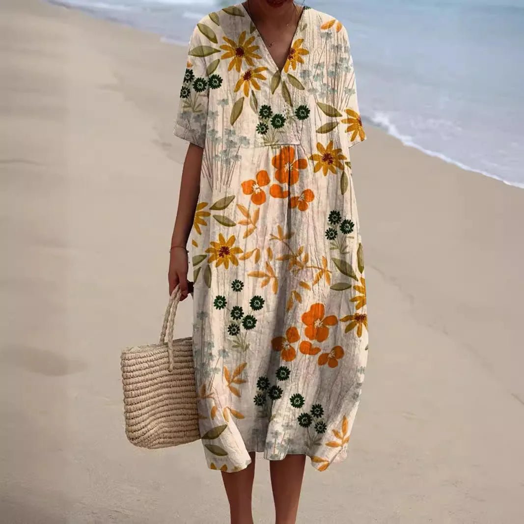 Hazel | Floral V - Neck Beach Dress With Short Sleeves - Cream - 3