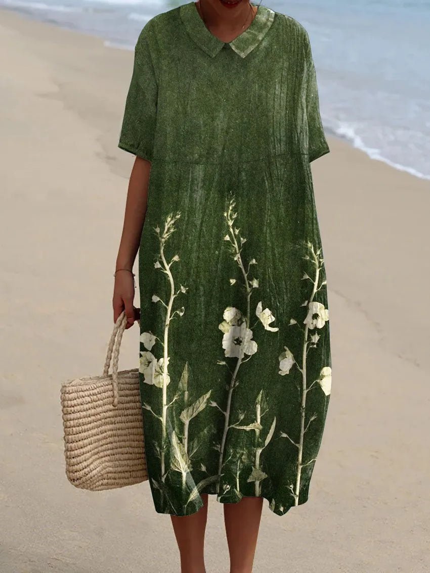 Hazel | Floral V - Neck Beach Dress With Short Sleeves - Green - 4