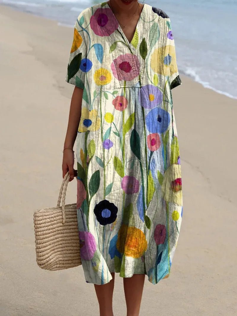 Hazel | Floral V - Neck Beach Dress With Short Sleeves - Light Blue - 5