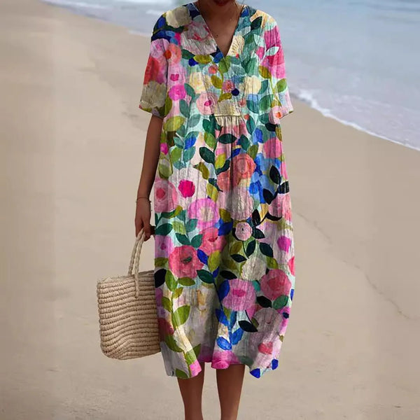 Hazel | Floral V - Neck Beach Dress With Short Sleeves - Multicolor - 1
