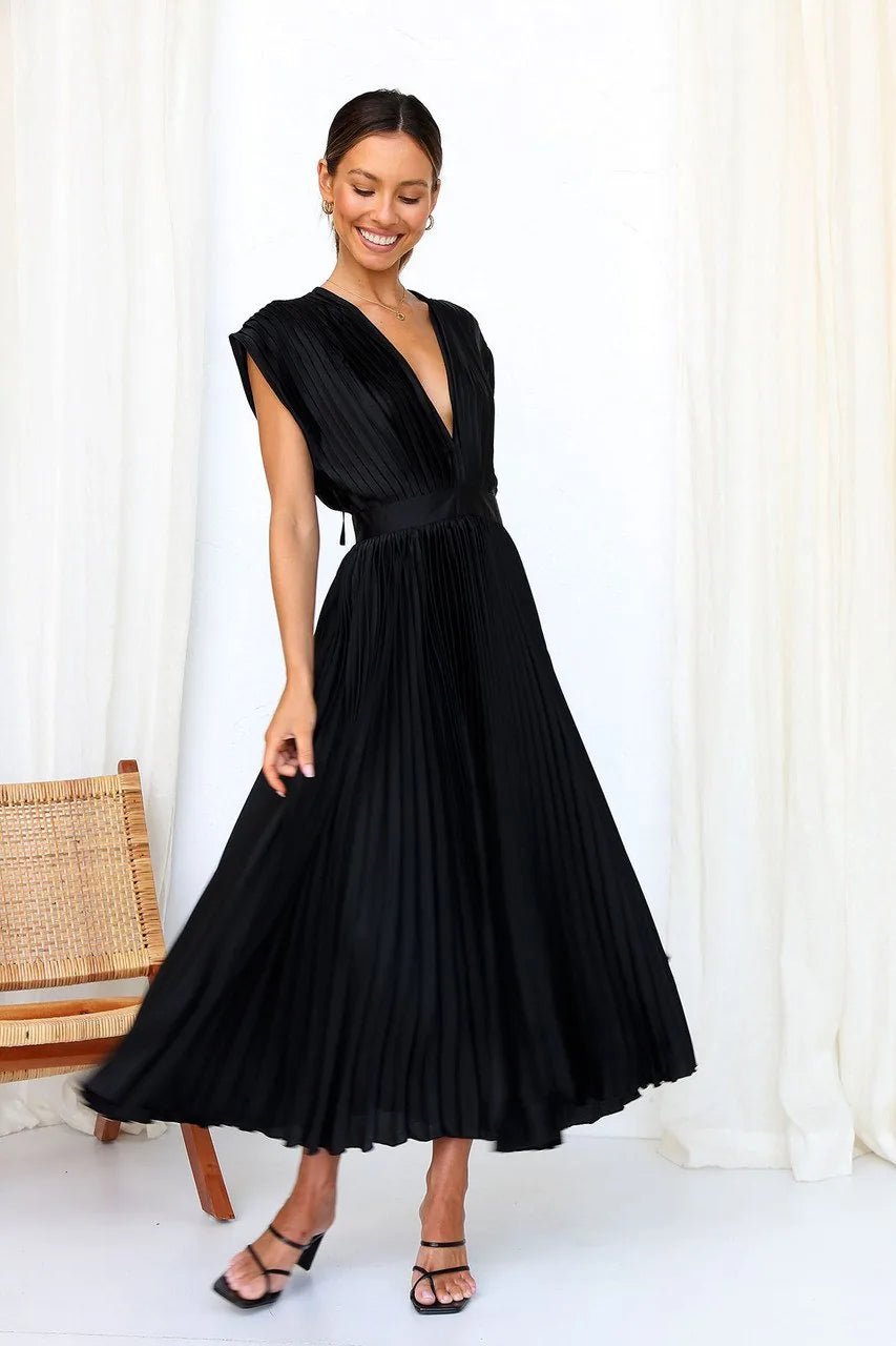 Ruby | Elegant V - Neck Pleated Champagne Dress - Black - 5