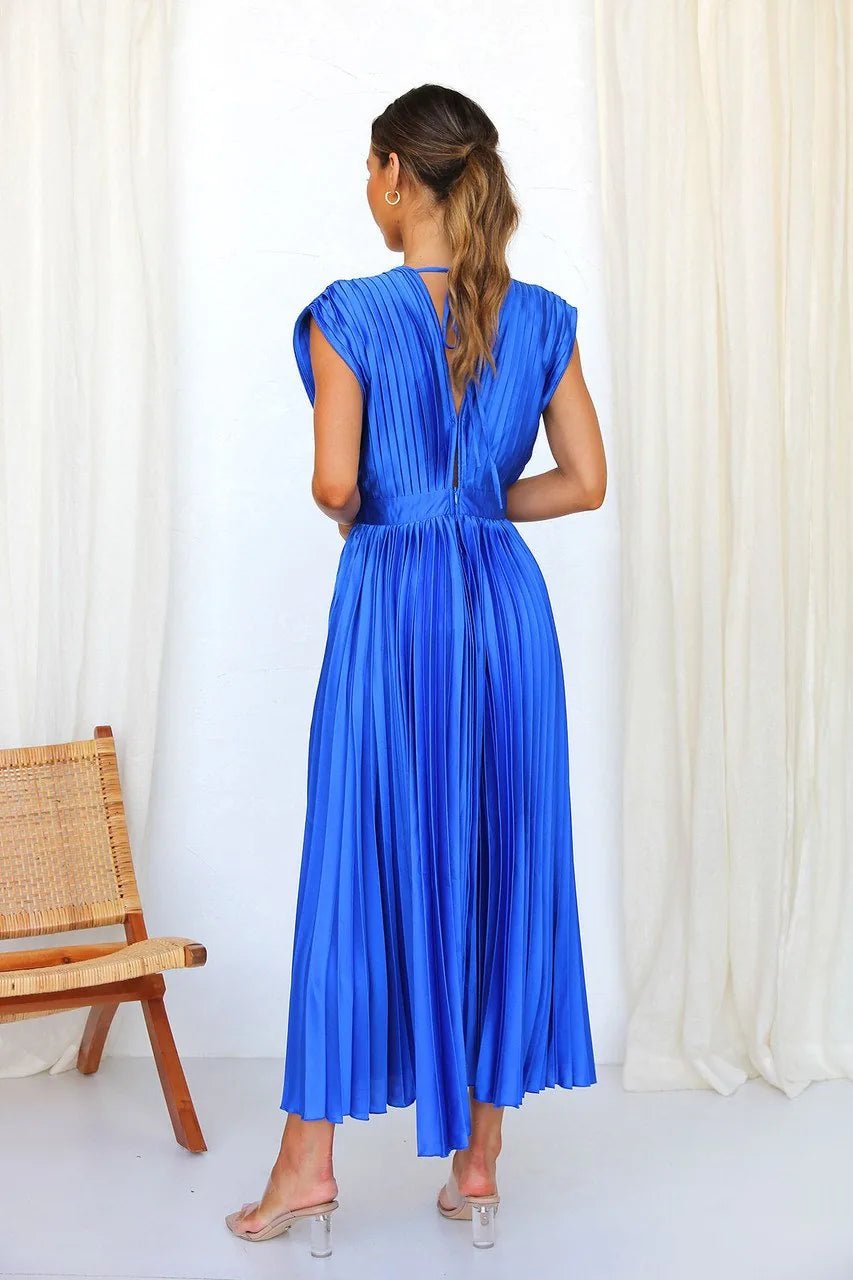 Ruby | Elegant V - Neck Pleated Champagne Dress - Blue - 11