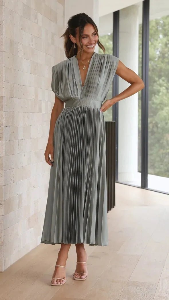 Ruby | Elegant V - Neck Pleated Champagne Dress - Light Gray - 20