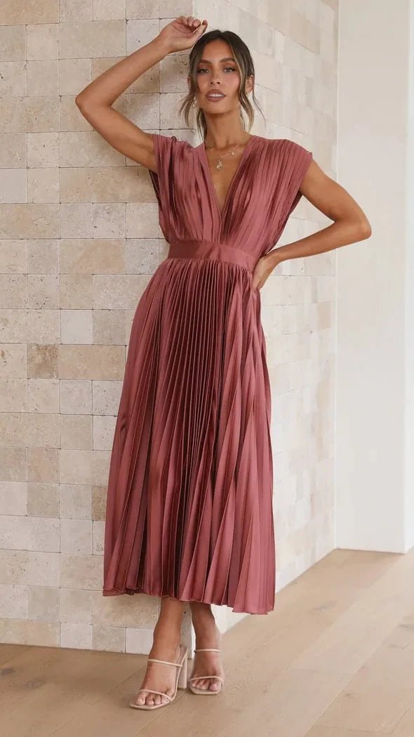Ruby | Elegant V - Neck Pleated Champagne Dress - Green - 17