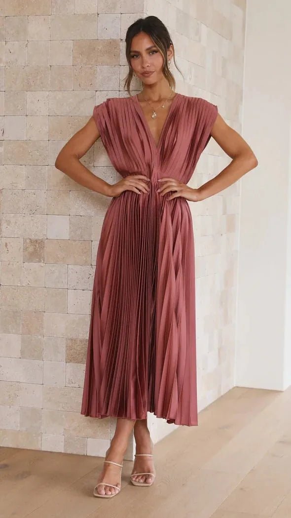 Ruby | Elegant V - Neck Pleated Champagne Dress - Green - 15
