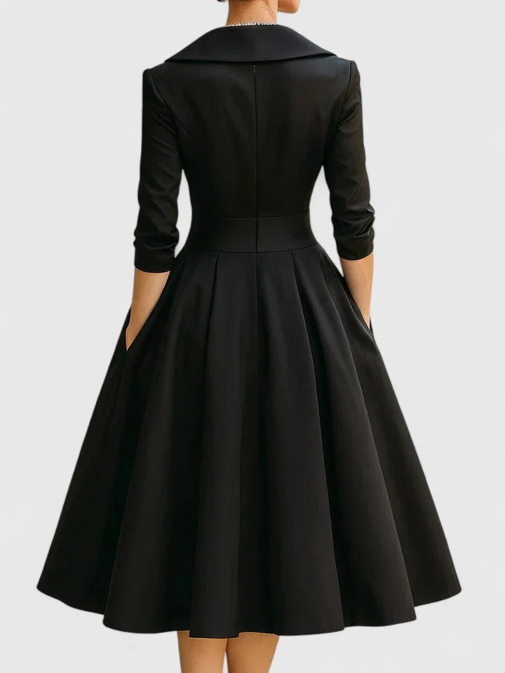 Black Women's V-Neck Satin Midi Dress — Lyla Pleated A-Line Cocktail - Back Full