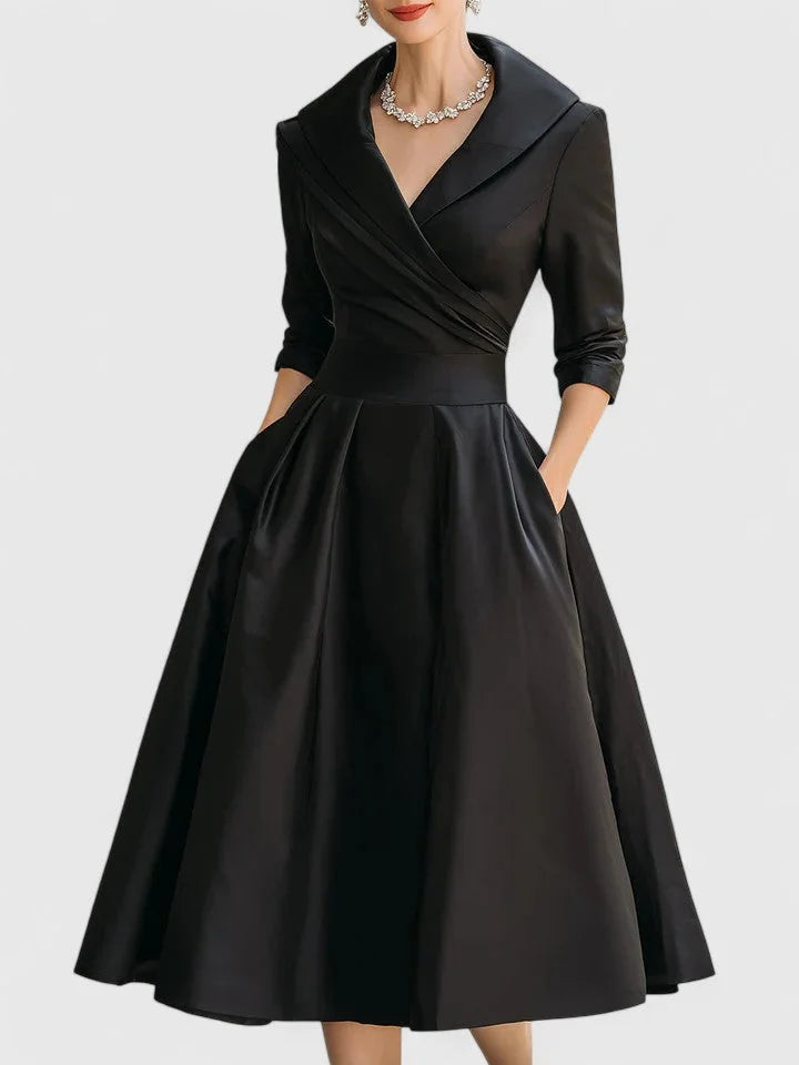 Black Women's V-Neck Satin Midi Dress — Lyla Pleated A-Line Cocktail - Front Full