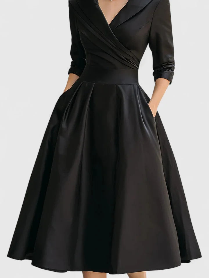 Black Women's V-Neck Satin Midi Dress — Lyla Pleated A-Line Cocktail - Front Skirt Detail