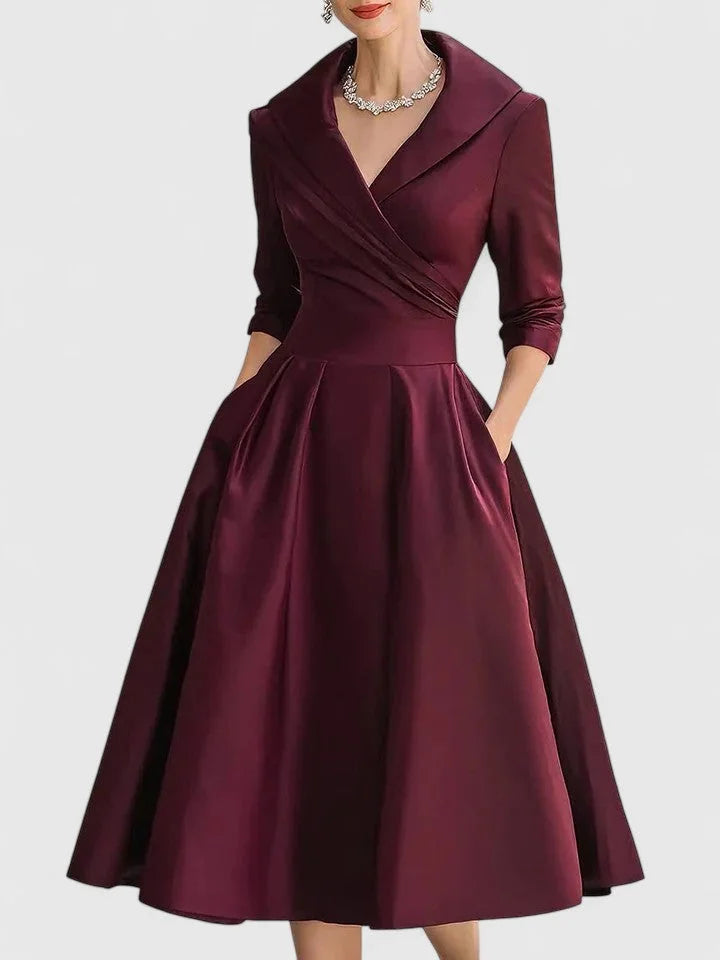 Burgundy Women's V-Neck Satin Midi Dress — Lyla Pleated A-Line Cocktail - Front Standing