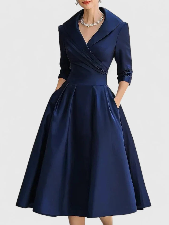 Navy Blue Women's V-Neck Satin Midi Dress — Lyla Pleated A-Line Cocktail - Front Pose