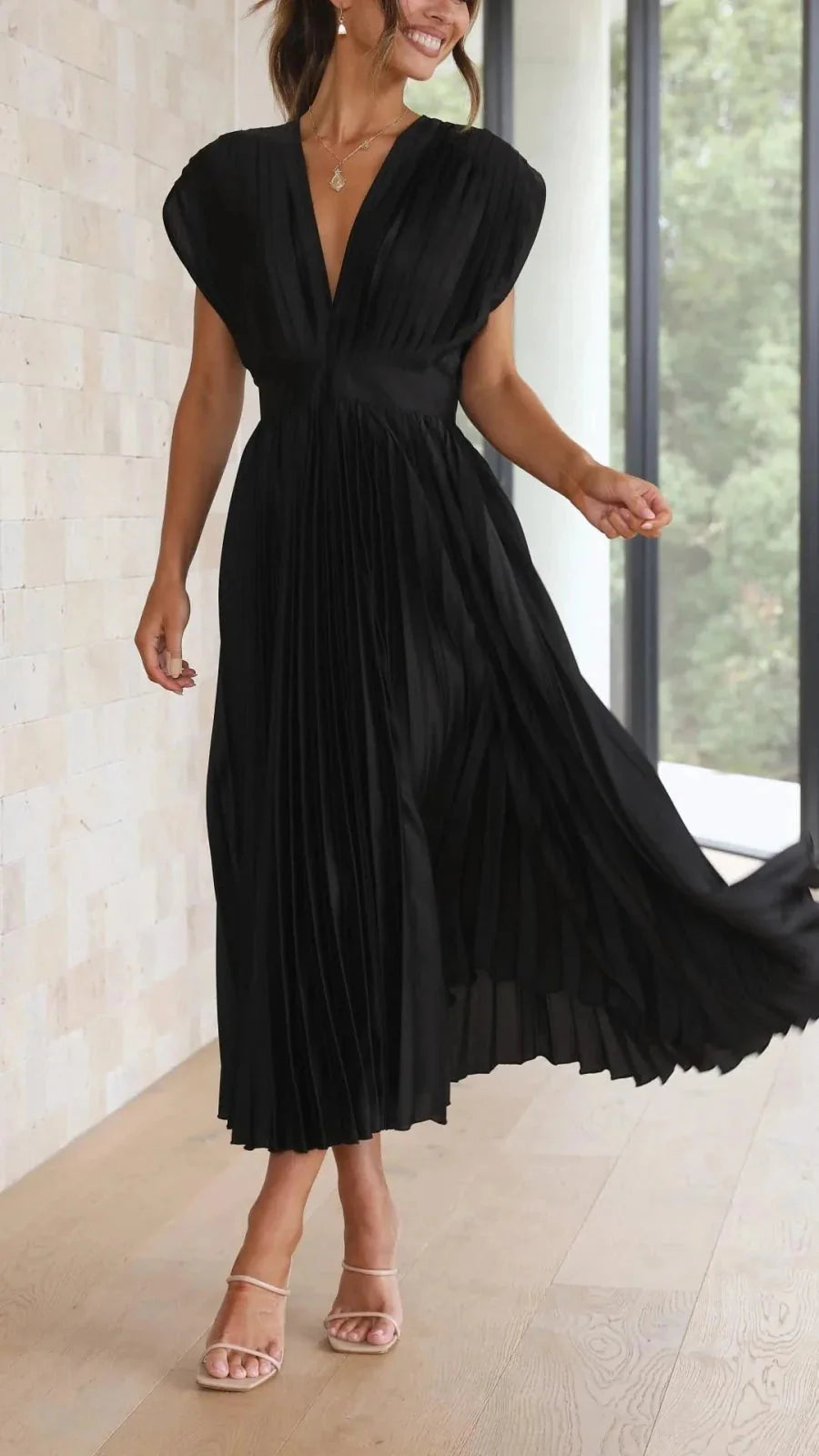Black Women's V-Neck Pleated Wedding Guest Dress — Janie Short Sleeve Midi - Flowing Skirt