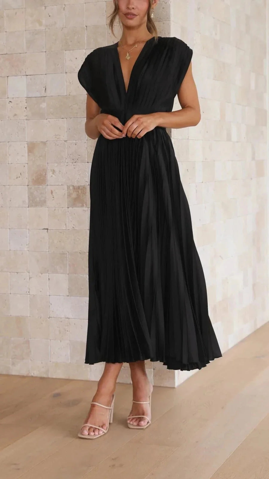 Black Women's V-Neck Pleated Wedding Guest Dress — Janie Short Sleeve Midi - Front Standing