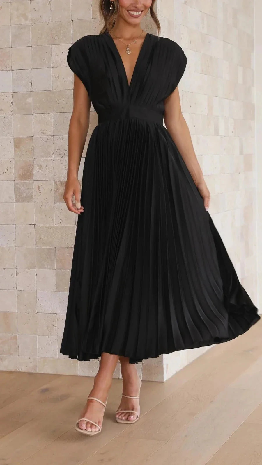 Black Women's V-Neck Pleated Wedding Guest Dress — Janie Short Sleeve Midi - Full Silhouette