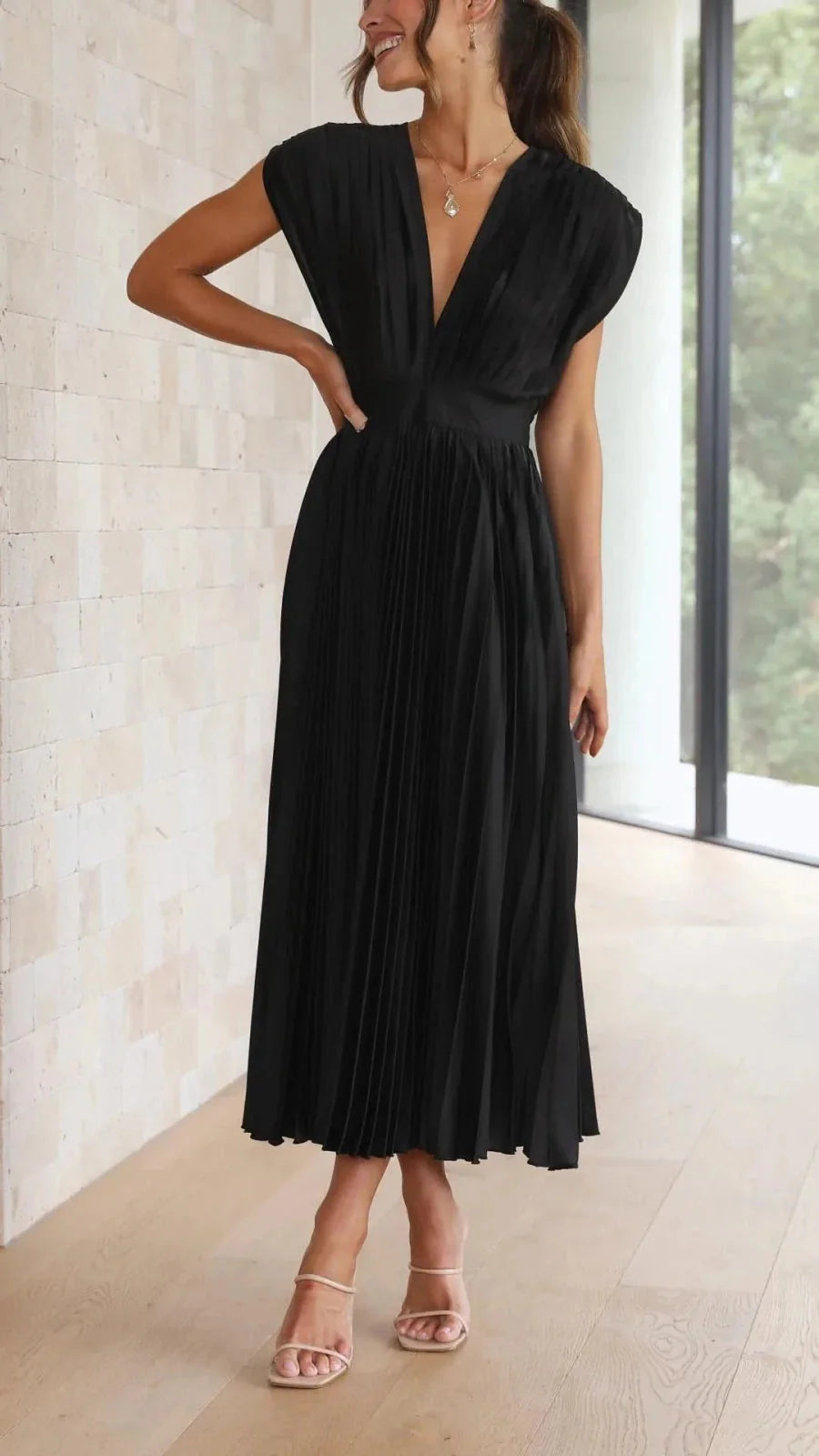 Black Women's V-Neck Pleated Wedding Guest Dress — Janie Short Sleeve Midi - Side Profile
