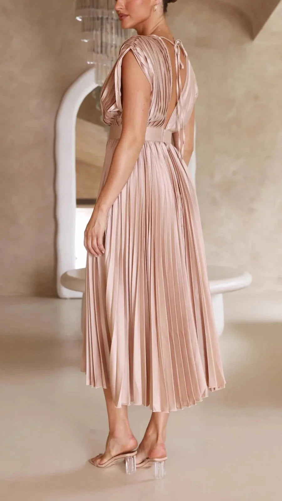 Light Pink Women's V-Neck Pleated Wedding Guest Dress — Janie Short Sleeve Midi - Back View