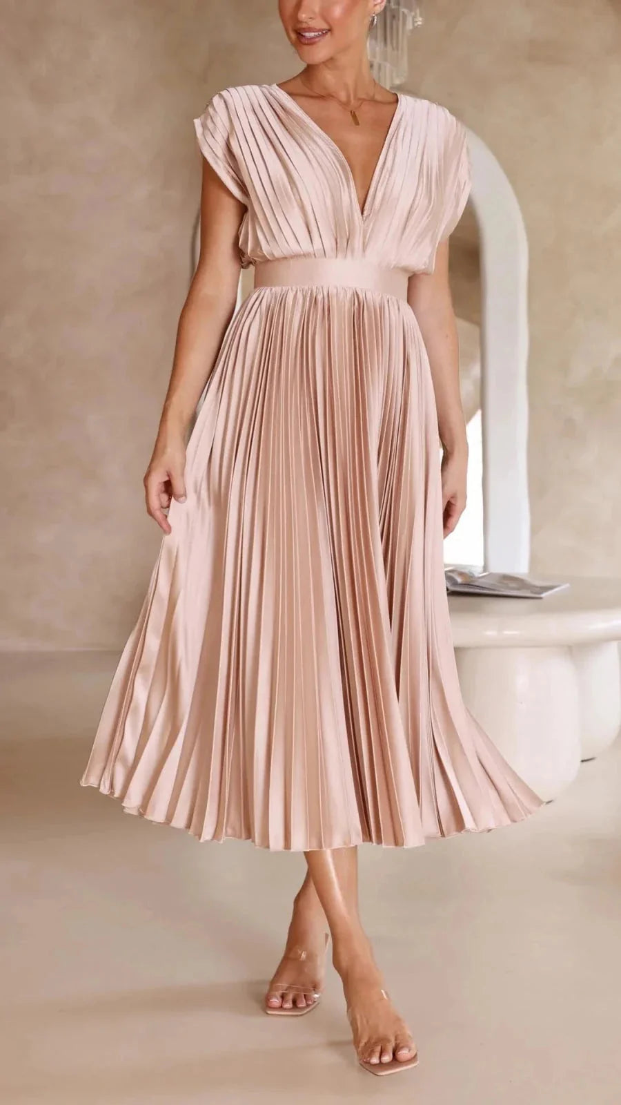 Light Pink Women's V-Neck Pleated Wedding Guest Dress — Janie Short Sleeve Midi - Front Lifestyle
