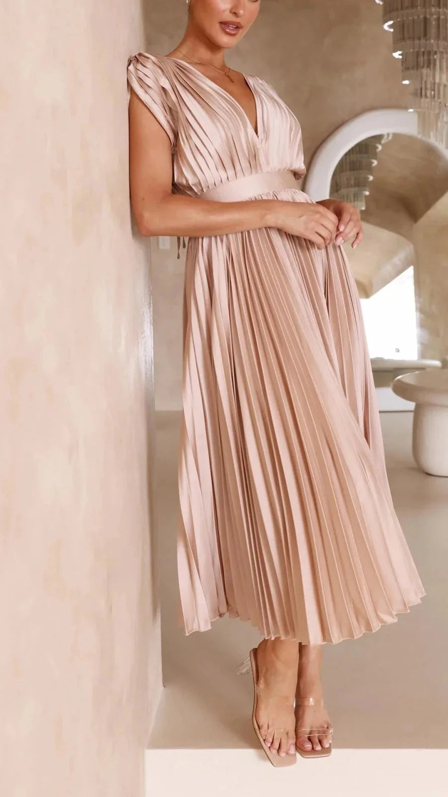 Light Pink Women's V-Neck Pleated Wedding Guest Dress — Janie Short Sleeve Midi - Pleated Skirt