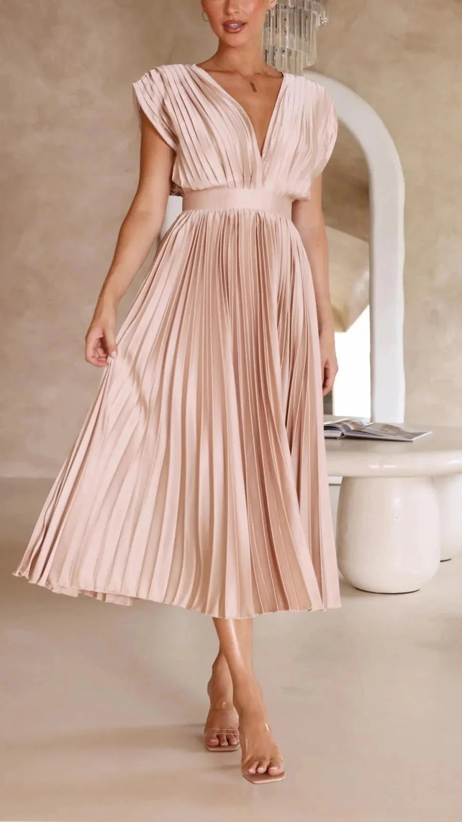 Light Pink Women's V-Neck Pleated Wedding Guest Dress — Janie Short Sleeve Midi - Side Movement
