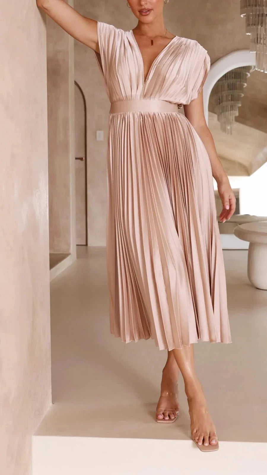 Light Pink Women's V-Neck Pleated Wedding Guest Dress — Janie Short Sleeve Midi - Waist Detail