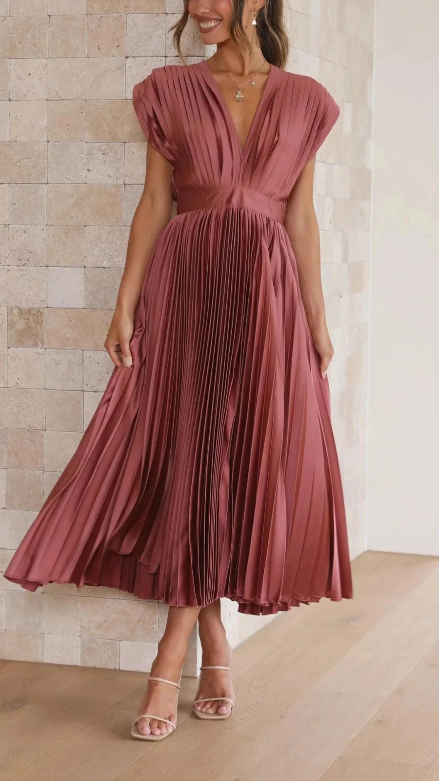 Wine Women's V-Neck Pleated Wedding Guest Dress — Janie Short Sleeve Midi - Front Detail
