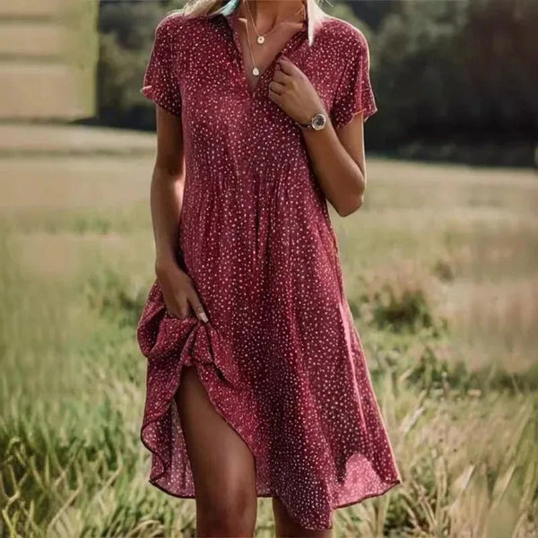 Margaret | Chic V - Neck Polka Dot Midi Dress With Short Sleeves - Burgundy - 1