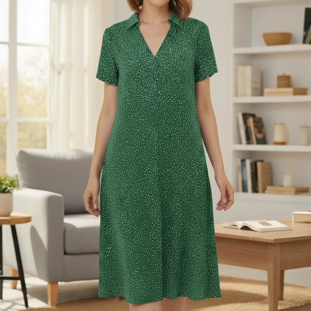 Margaret | Chic V - Neck Polka Dot Midi Dress With Short Sleeves - Green - 3
