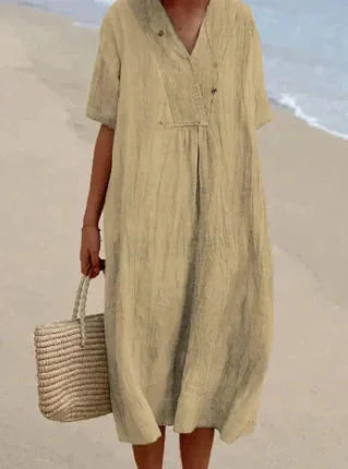Beige Women's V-Neck Short Sleeve Lightweight Summer Dress — Maya Tunic Breathable - Relaxed Pose