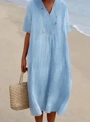 Blau Women's V-Neck Short Sleeve Lightweight Summer Dress — Maya Tunic Breathable - Front Full