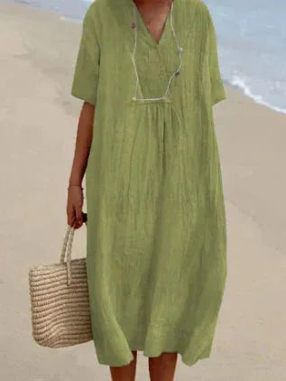 Gelbgrn Women's V-Neck Short Sleeve Lightweight Summer Dress — Maya Tunic Breathable - Front Pose