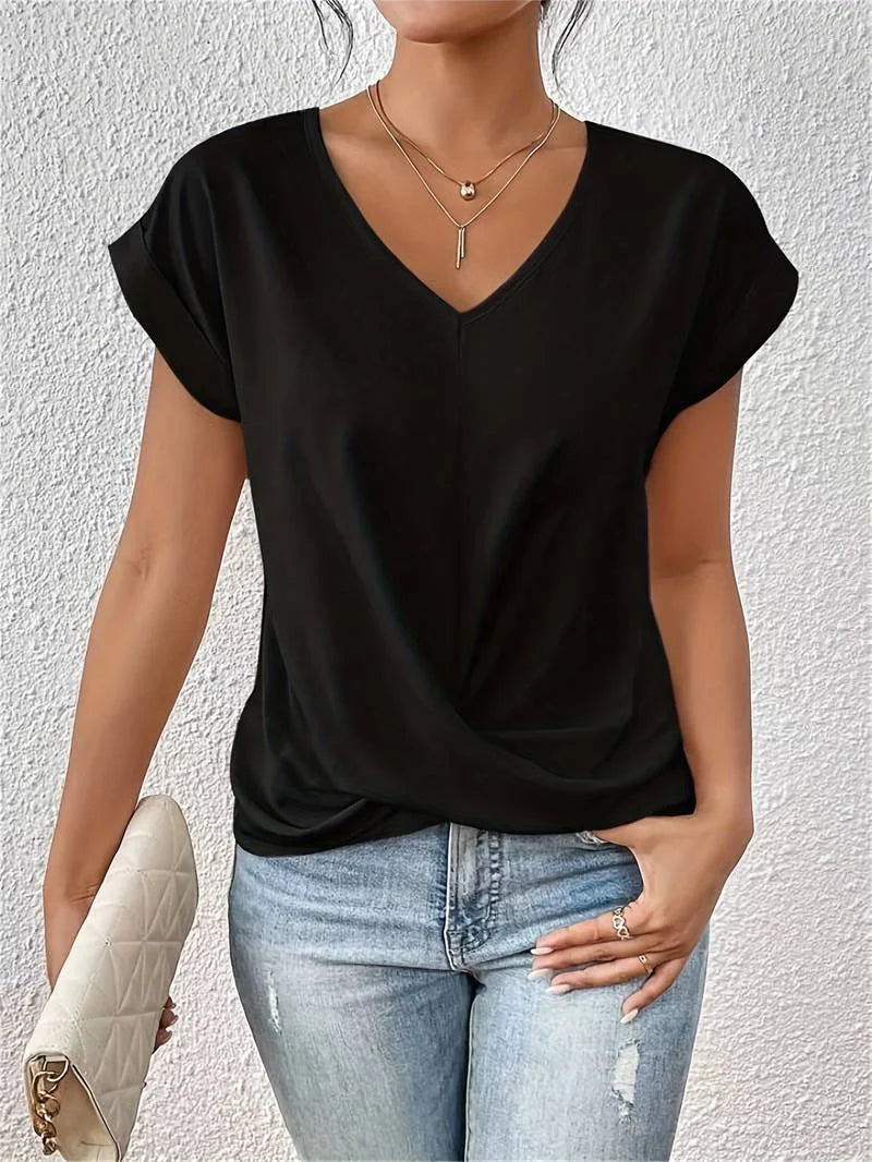 Black Women's V-Neck Short Sleeve T-Shirt — Vera Twisted Front Relaxed - Front Full