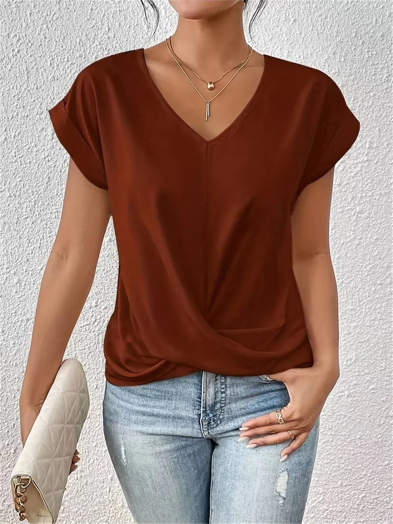 Brown Women's V-Neck Short Sleeve T-Shirt — Vera Twisted Front Relaxed - Front Pose